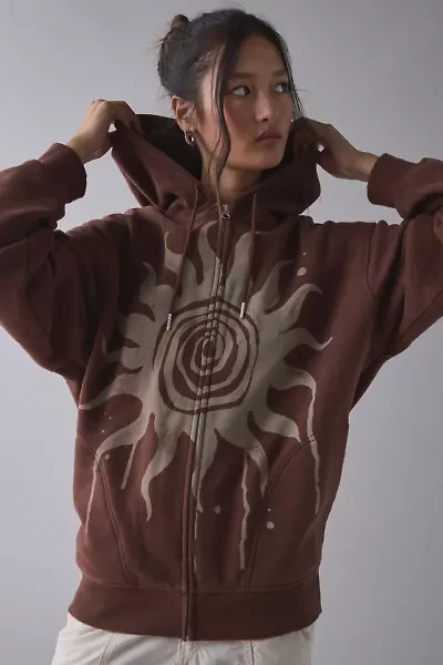 BDG Dusty Bleached Sun Graphic Oversized Zip-Up Hoodie Sweatshirt
