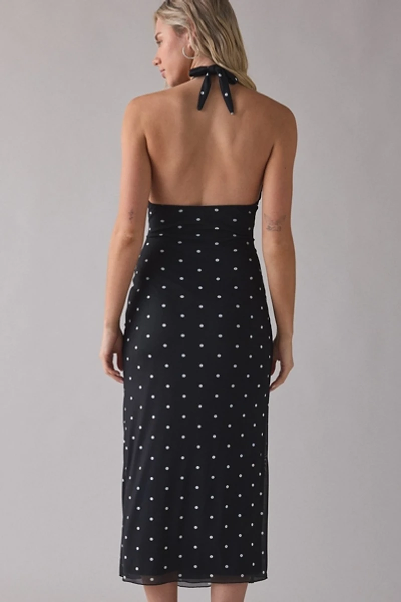 UO Deep Plunge Halter Ruched Mesh Midi Dress