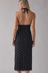 UO Deep Plunge Halter Ruched Mesh Midi Dress