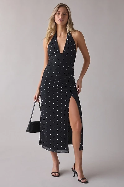 UO Deep Plunge Halter Ruched Mesh Midi Dress