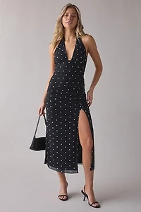 UO Deep Plunge Halter Ruched Mesh Midi Dress