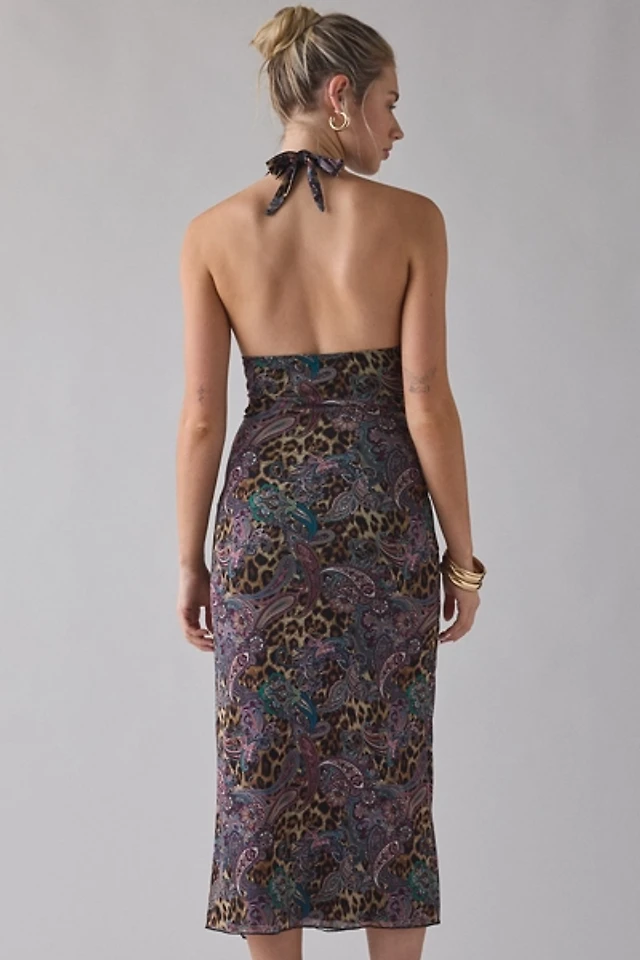 Urban Outfitters UO Deep Plunge Halter Ruched Mesh Midi Dress | Pacific City