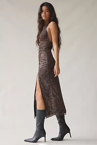 UO Deep Plunge Halter Ruched Mesh Midi Dress