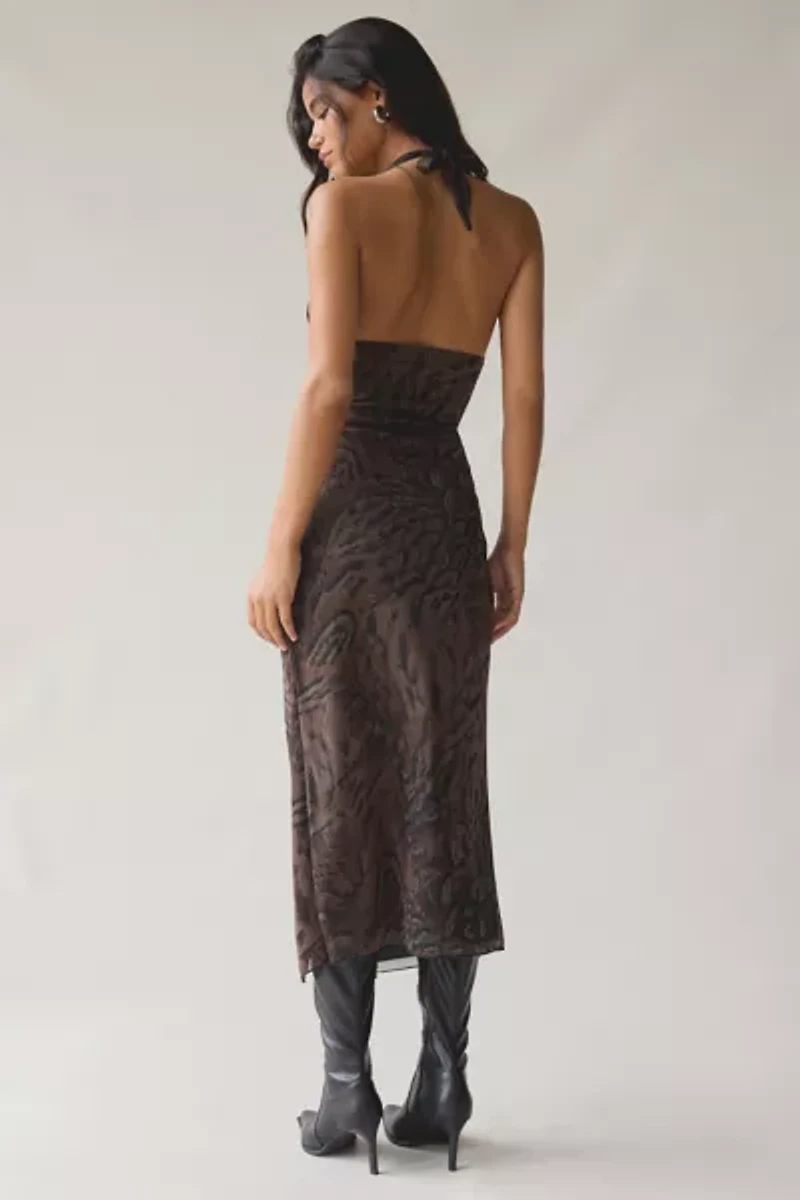 UO Deep Plunge Halter Ruched Mesh Midi Dress
