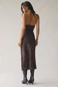 UO Deep Plunge Halter Ruched Mesh Midi Dress