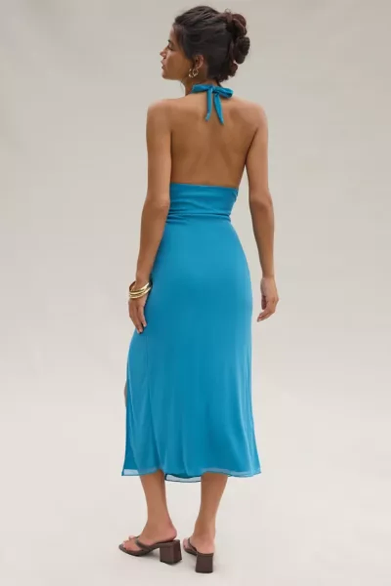 UO Deep Plunge Halter Ruched Mesh Midi Dress