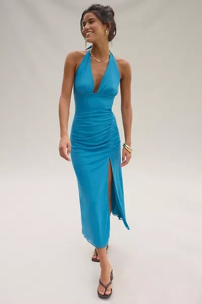 UO Deep Plunge Halter Ruched Mesh Midi Dress
