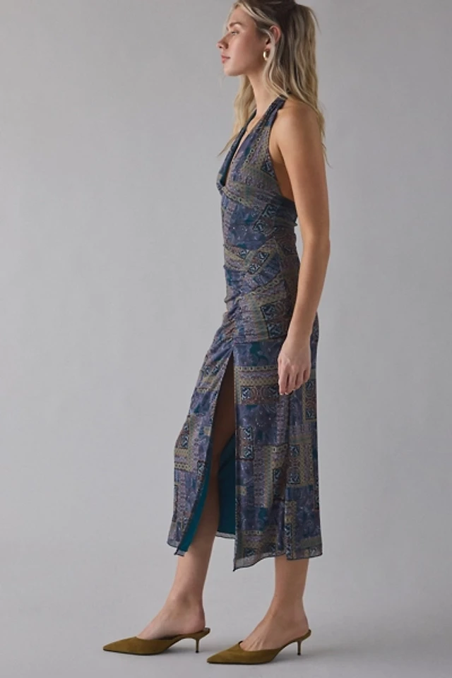 uo deep plunge halter ruched mesh midi dress Plunge Halter Ruched Mesh Midi Dress