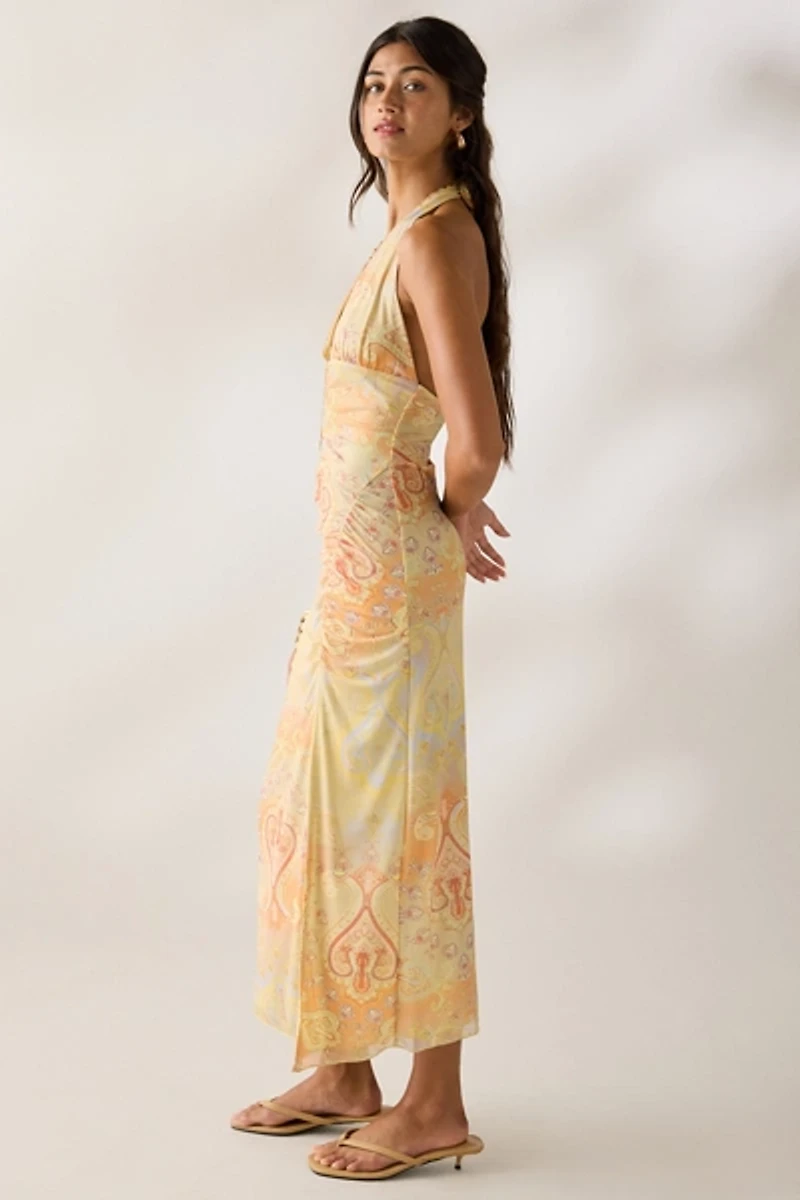 UO Deep Plunge Halter Ruched Mesh Midi Dress