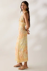 UO Deep Plunge Halter Ruched Mesh Midi Dress