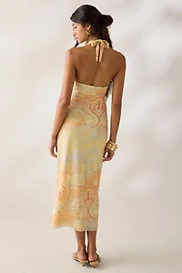 UO Deep Plunge Halter Ruched Mesh Midi Dress