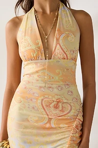 UO Deep Plunge Halter Ruched Mesh Midi Dress