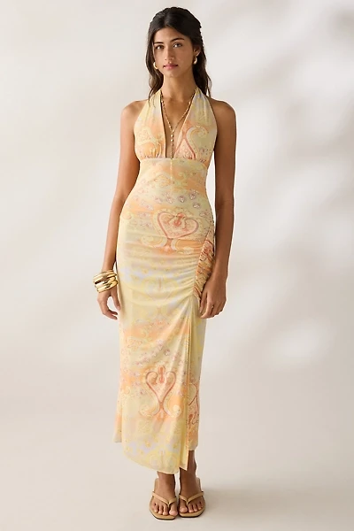 UO Deep Plunge Halter Ruched Mesh Midi Dress