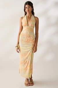 UO Deep Plunge Halter Ruched Mesh Midi Dress