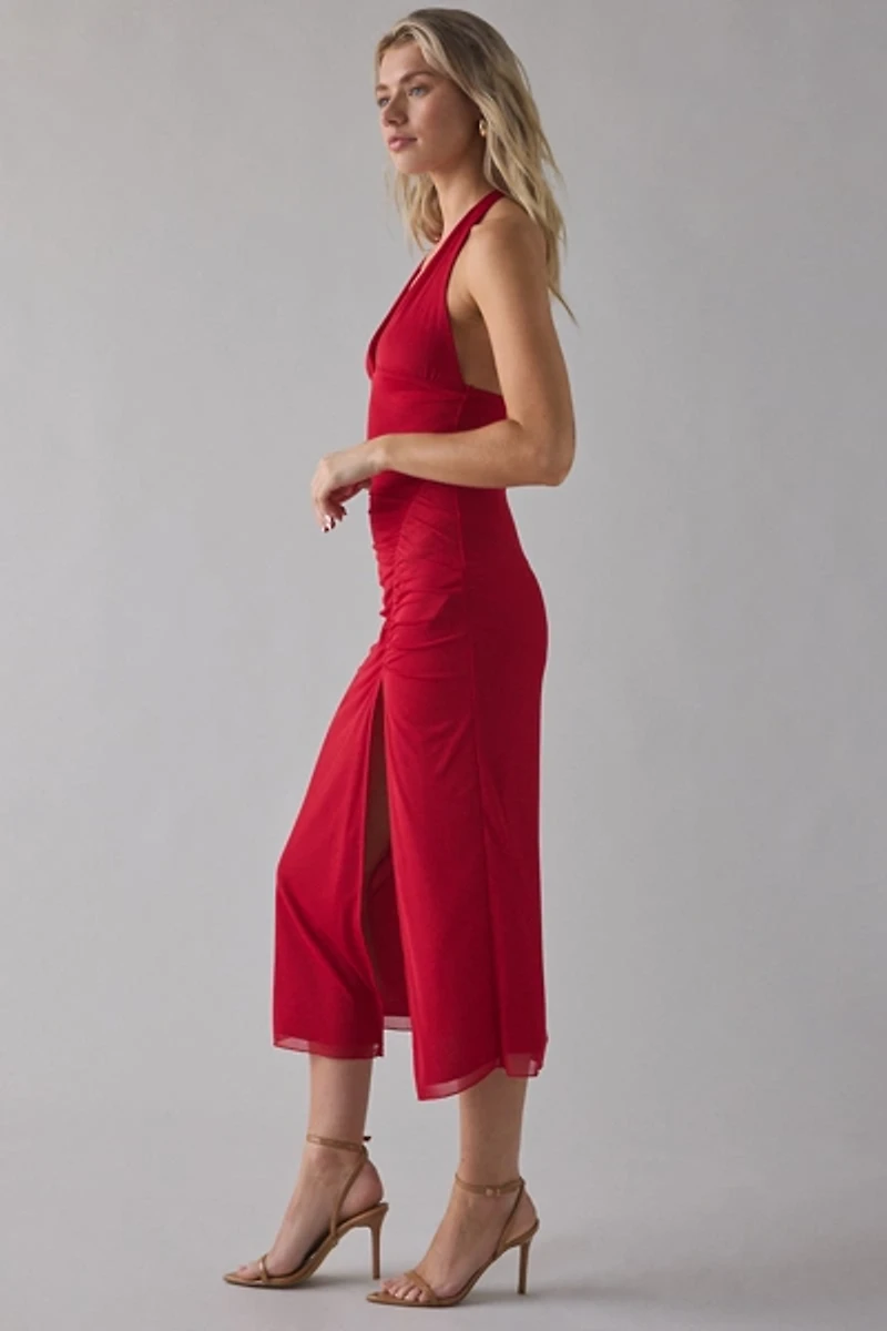 UO Deep Plunge Halter Ruched Mesh Midi Dress