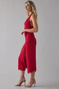 UO Deep Plunge Halter Ruched Mesh Midi Dress