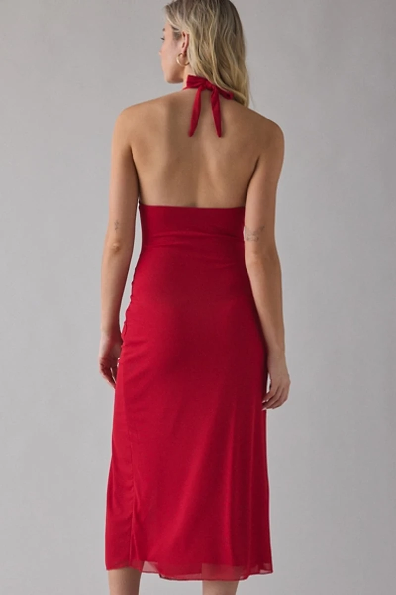 UO Deep Plunge Halter Ruched Mesh Midi Dress