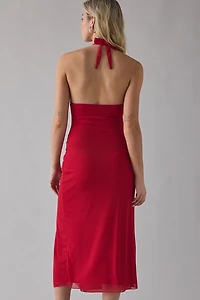 UO Deep Plunge Halter Ruched Mesh Midi Dress