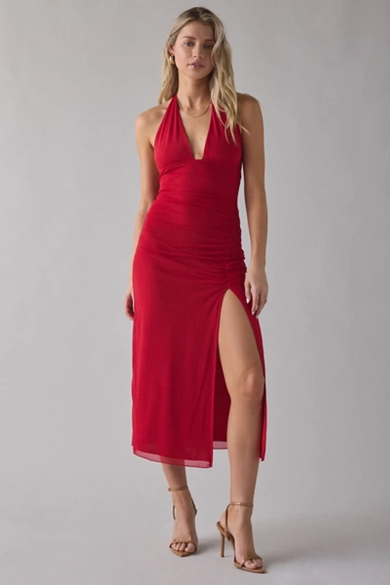 UO Deep Plunge Halter Ruched Mesh Midi Dress