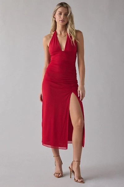 UO Deep Plunge Halter Ruched Mesh Midi Dress