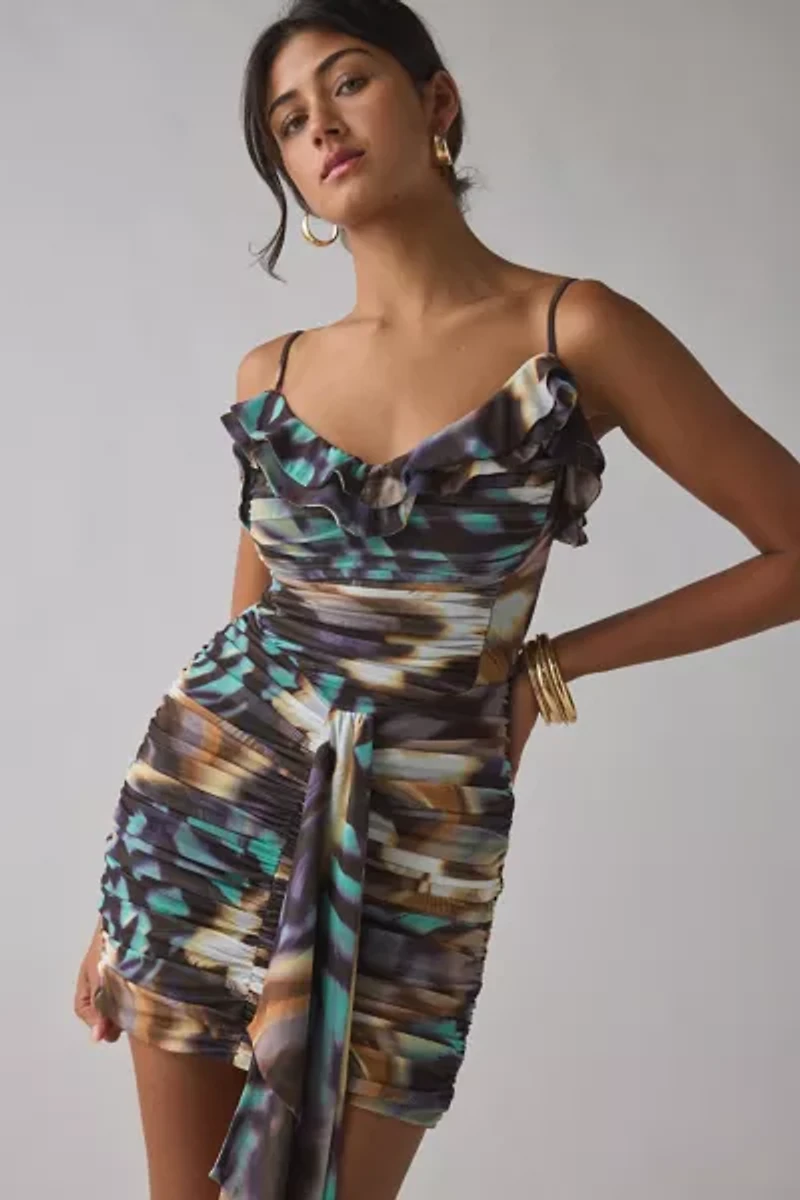 AFRM Mackie Feather Swirl Ruched Cascading Ruffle Mini Dress