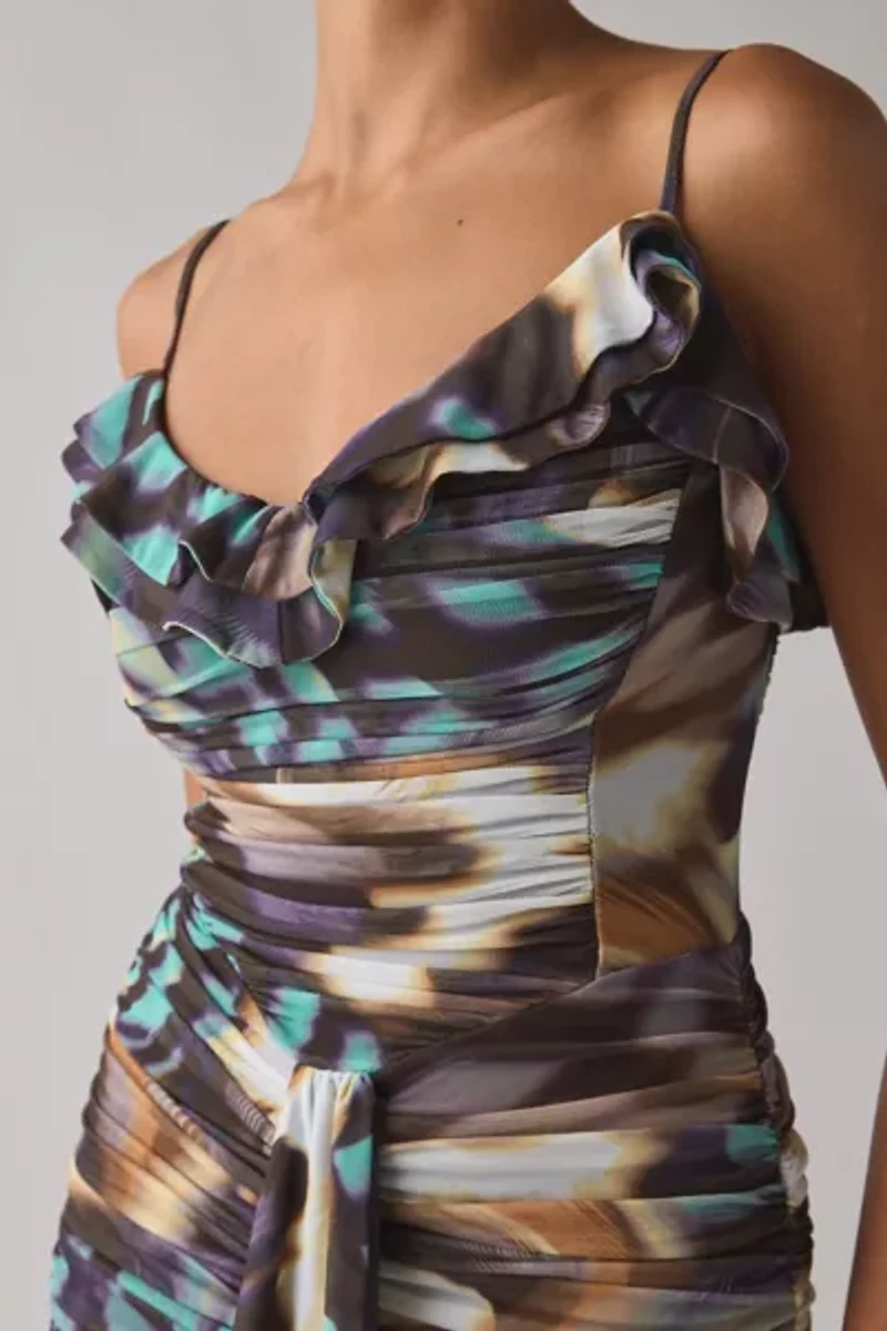 AFRM Mackie Feather Swirl Ruched Cascading Ruffle Mini Dress