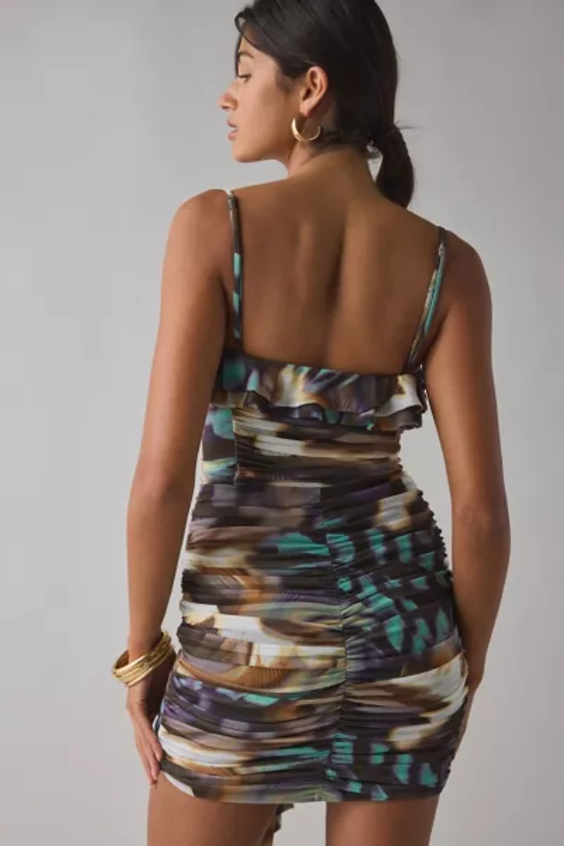 AFRM Mackie Feather Swirl Ruched Cascading Ruffle Mini Dress