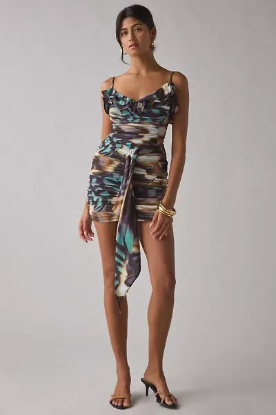 AFRM Mackie Feather Swirl Ruched Cascading Ruffle Mini Dress