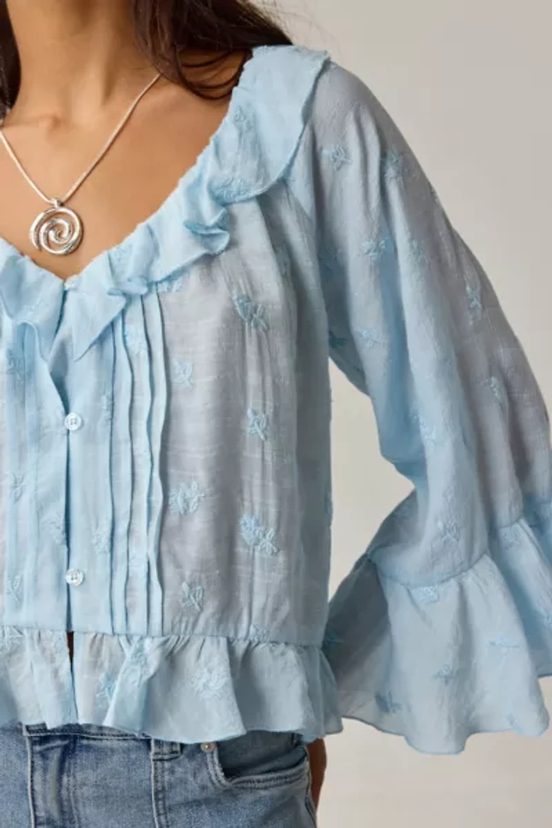 Kimchi Blue Joni Embroidered 3/4 Sleeve Ruffle Blouse