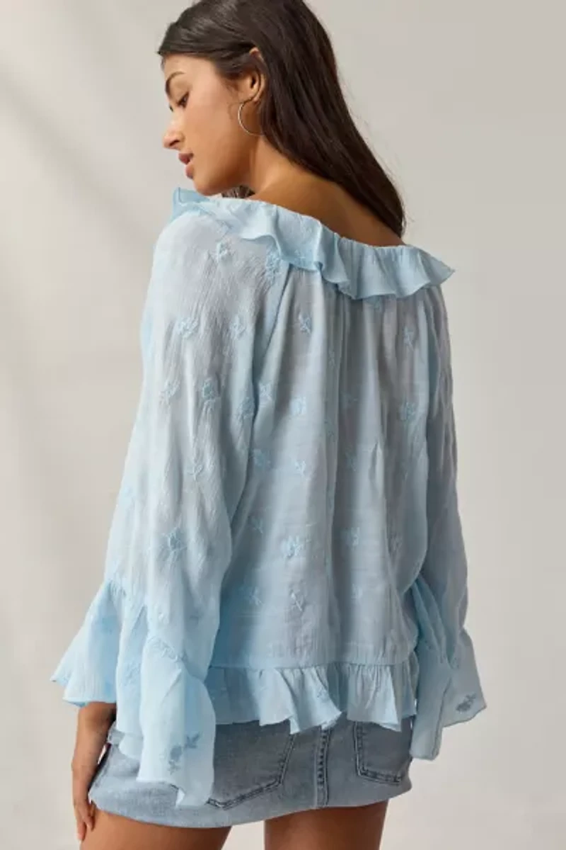 Kimchi Blue Joni Embroidered 3/4 Sleeve Ruffle Blouse