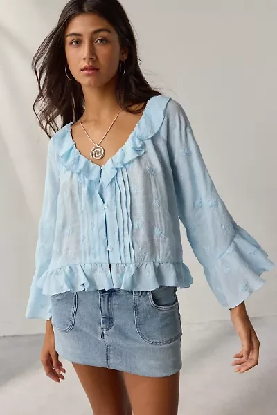Kimchi Blue Joni Embroidered 3/4 Sleeve Ruffle Blouse