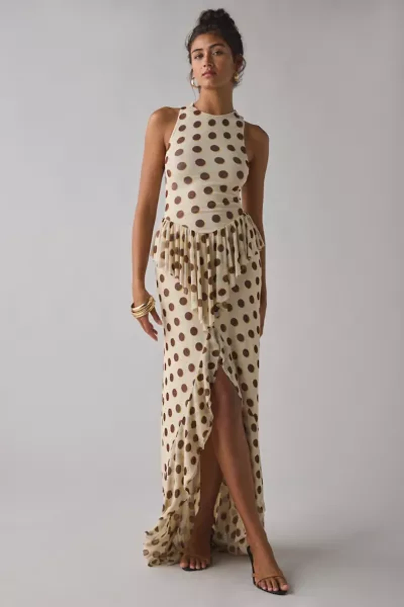 AFRM Bovina Asymmetrical Ruffle Mesh Maxi Dress