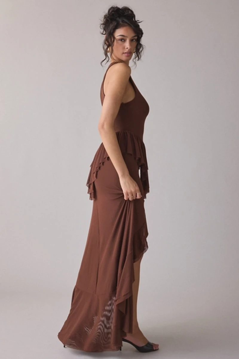 AFRM Bovina Asymmetrical Ruffle Mesh Maxi Dress