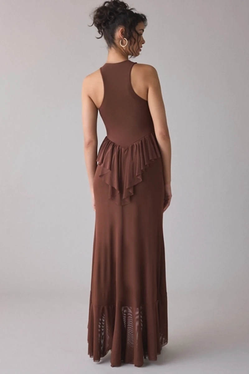 AFRM Bovina Asymmetrical Ruffle Mesh Maxi Dress