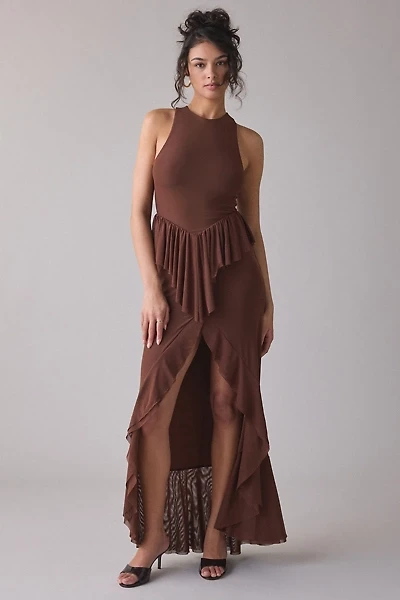 AFRM Bovina Asymmetrical Ruffle Mesh Maxi Dress