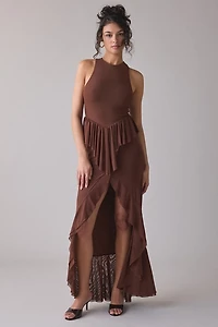 AFRM Bovina Asymmetrical Ruffle Mesh Maxi Dress