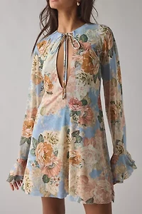 AFRM Kori Soft Slate Bloom Tie-Front Keyhole Cutout Bell Sleeve Mini Dress