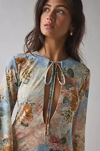 AFRM Kori Soft Slate Bloom Tie-Front Keyhole Cutout Bell Sleeve Mini Dress