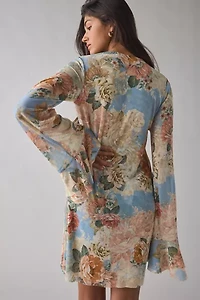 AFRM Kori Soft Slate Bloom Tie-Front Keyhole Cutout Bell Sleeve Mini Dress