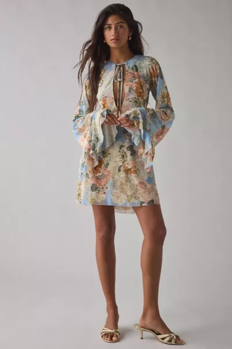 AFRM Kori Soft Slate Bloom Tie-Front Keyhole Cutout Bell Sleeve Mini Dress