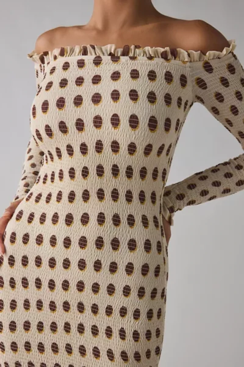 AFRM Peck Gold Halo Dot Mesh Off-The-Shoulder Bodycon Mini Dress