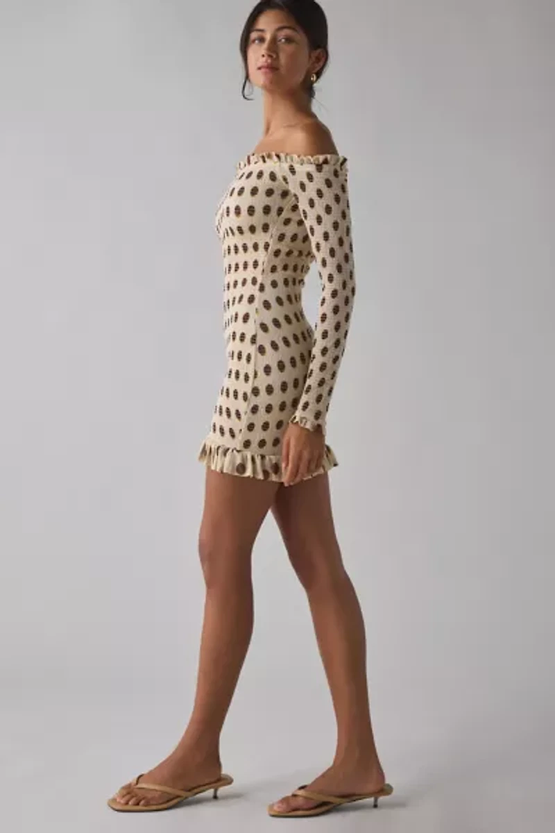 AFRM Peck Gold Halo Dot Mesh Off-The-Shoulder Bodycon Mini Dress