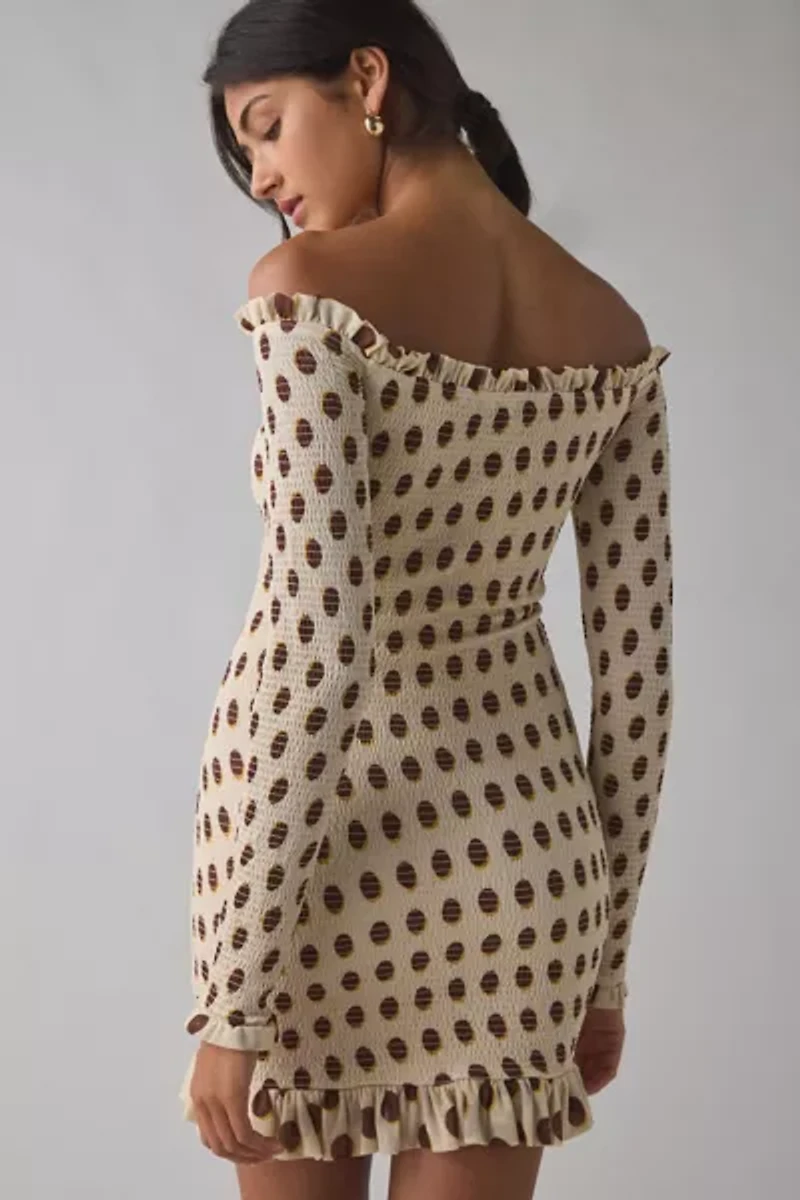 AFRM Peck Gold Halo Dot Mesh Off-The-Shoulder Bodycon Mini Dress