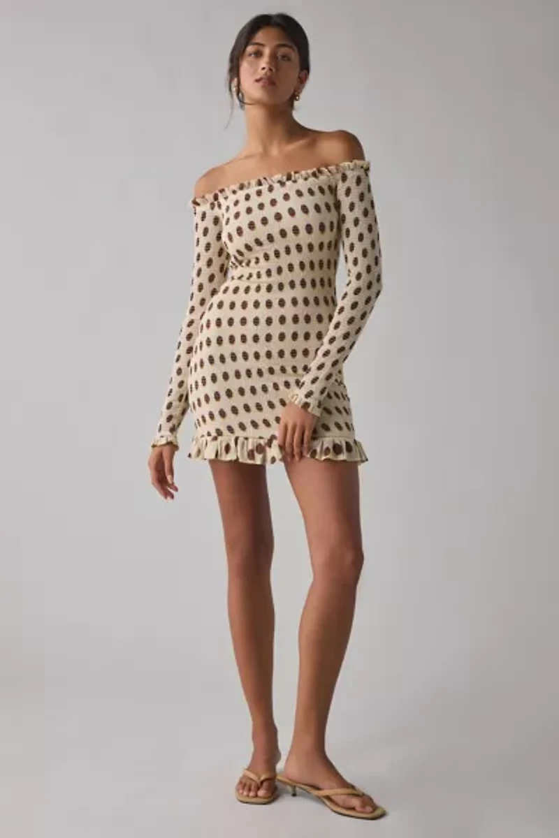 AFRM Peck Gold Halo Dot Mesh Off-The-Shoulder Bodycon Mini Dress