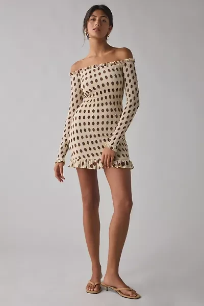 AFRM Peck Gold Halo Dot Mesh Off-The-Shoulder Bodycon Mini Dress