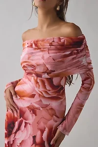 AFRM Thelma Peach Roses Mesh Off-The-Shoulder Long Sleeve Maxi Dress
