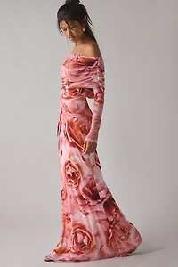 AFRM Thelma Peach Roses Mesh Off-The-Shoulder Long Sleeve Maxi Dress