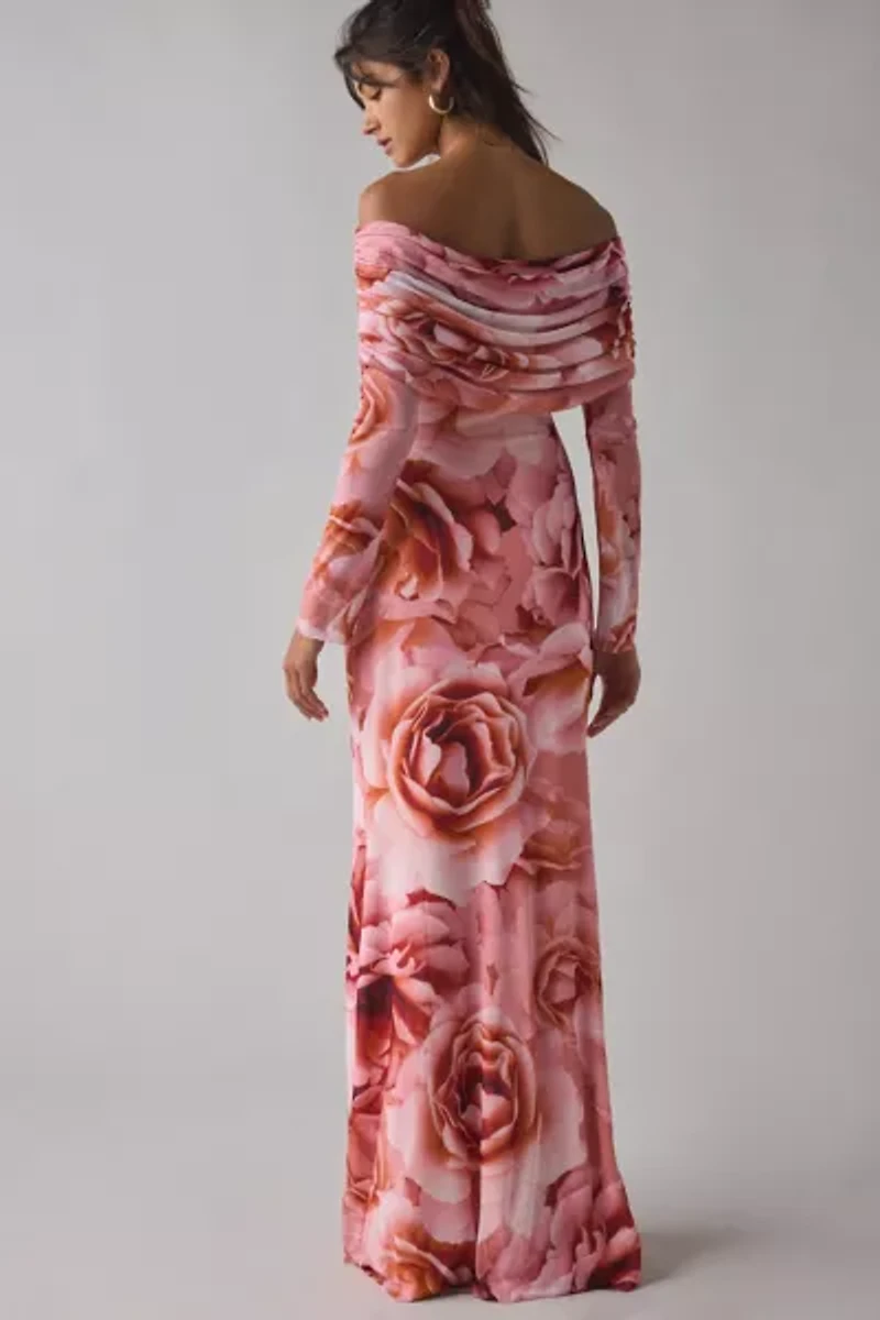 AFRM Thelma Peach Roses Mesh Off-The-Shoulder Long Sleeve Maxi Dress