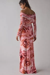 AFRM Thelma Peach Roses Mesh Off-The-Shoulder Long Sleeve Maxi Dress