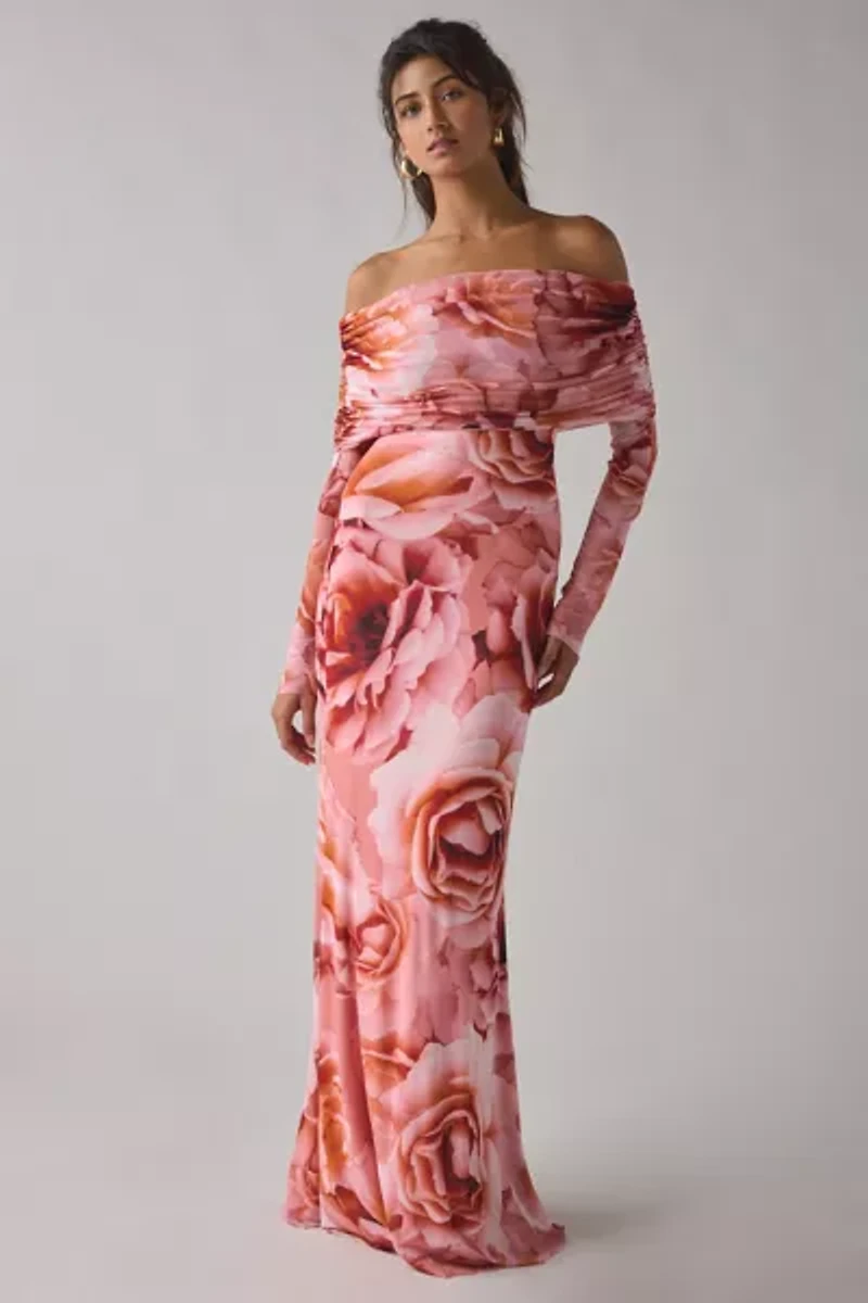 AFRM Thelma Peach Roses Mesh Off-The-Shoulder Long Sleeve Maxi Dress